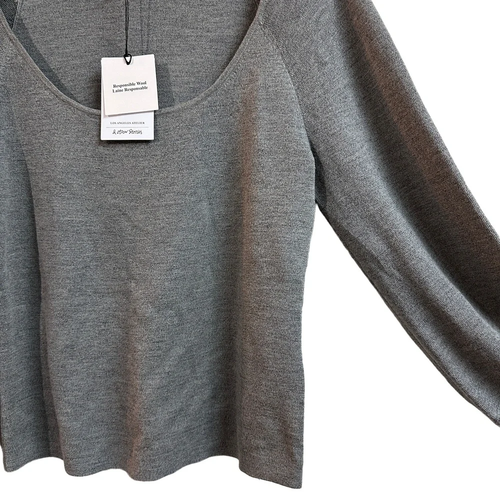 NWT & Other Stories Grey Wool Cotton Sweater Scoopneck Cozy‎ Chic Womens Large - Picture 5 of 6